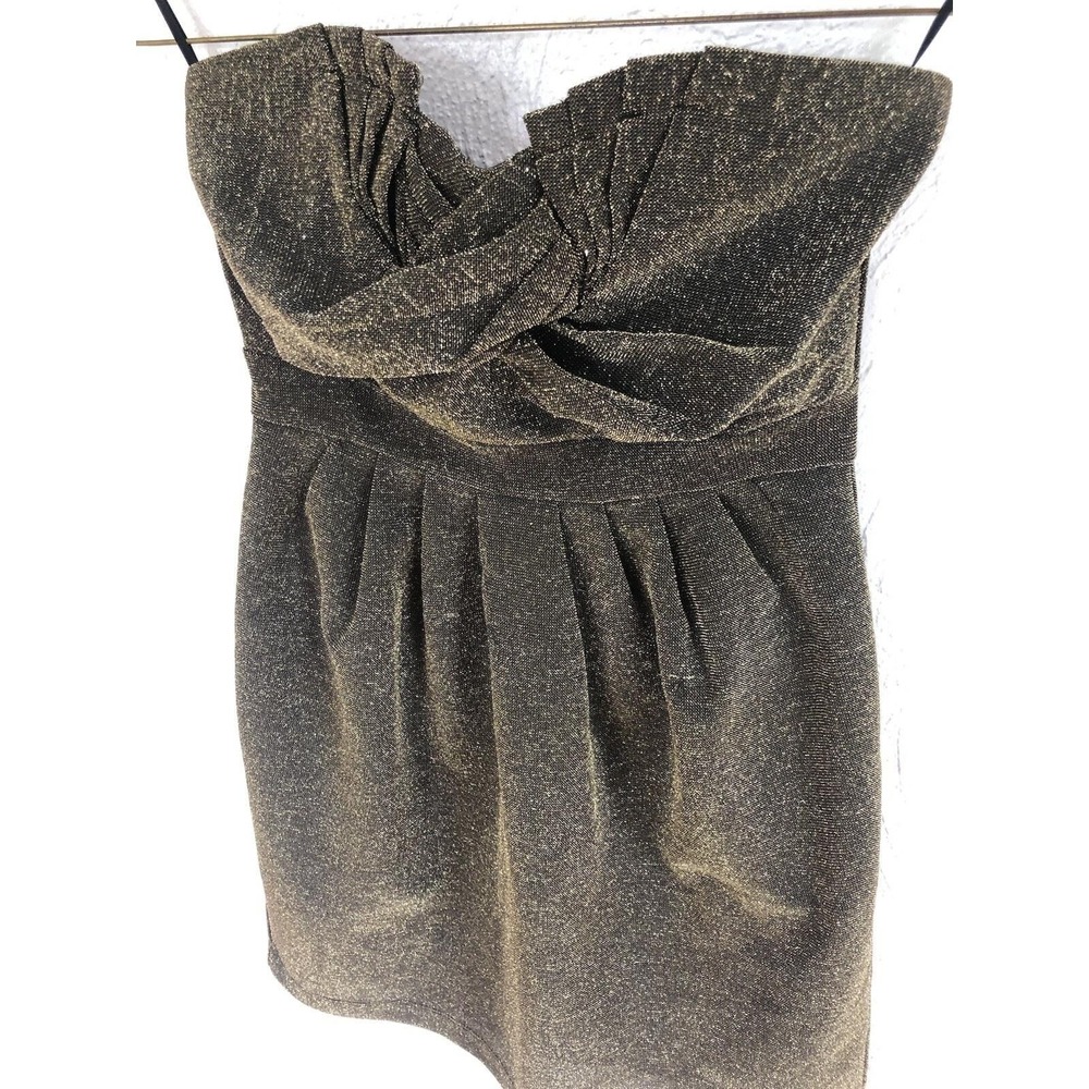 H&M Cocktail Dress Gold Metallic Strapless Twist Front Mini Party Y2K Size 12